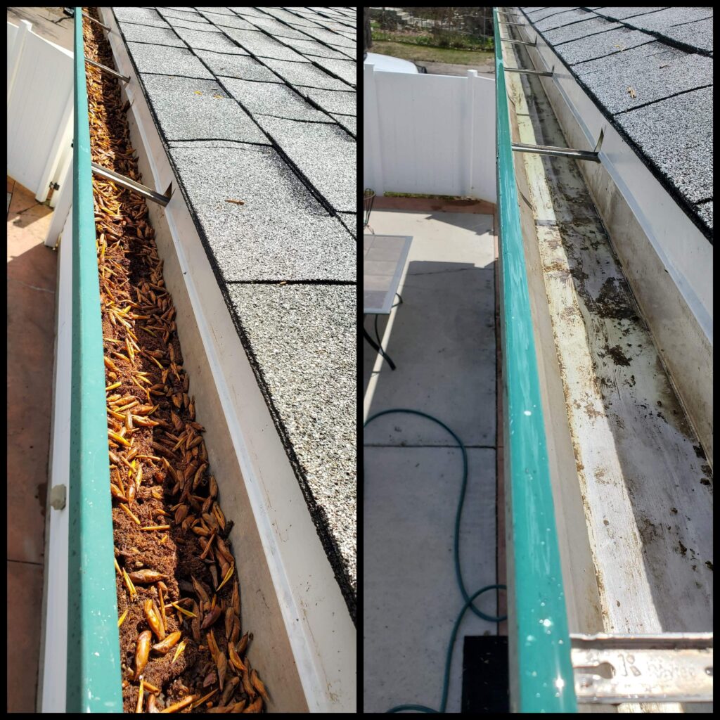 Before and after: Residential gutter cleaning shows gutters filled with debris, then clean.
